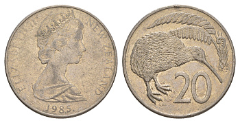 Новая Зеландия 20 центов 1985 Елизавета II (1952-2022), птичка киви KM 36.2 медно-никель 4182-1243