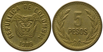 Колумбия 5 песо 1989 KM 280 алюминиевая бронза 4528-344