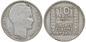Франция 10 франков 1934 Пьер Тюрен KM 878, Le Franc 360.7 серебро 4178-942