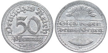Германия 50 пфеннигов 1922 G KM 27, J. 301 алюминий 4145-1156