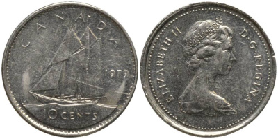 Канада 10 центов 1979 Елизавета II (1952-2022), парусник KM 77.2 никель 218-954