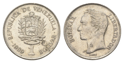 Венесуэла 1 боливар 1989 Симон Боливар, толстый шрифт Y 52a.2 сталь плакированная никелем 4662-855