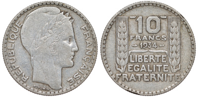 Франция 10 франков 1934 Пьер Тюрен KM 878, Le Franc 360.7 серебро 4178-942