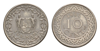 Суринам 10 центов 1966 KM 13 медно-никель 4649-963