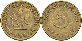 ФРГ 5 пфеннигов 1969 D KM 107, J. 382 сталь плакированная латунью 4514-522