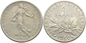 ФРАНЦИЯ 1 ФРАНК 1960 СЕЯТЕЛЬ KM 925.1, LE FRANC 226.4 никель 175-454