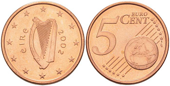 ИРЛАНДИЯ 5 ЕВРОЦЕНТОВ 2002 KM 34 сталь плакированная медью UNC 214-249
