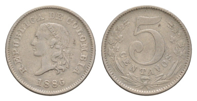 Колумбия 5 сентаво 1886 KM 183 медно-никель 4655-617