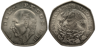 МЕКСИКА 10 ПЕСО 1979 МАНУЭЛЬ ХИДАЛЬГО КАСТИЛЬЯ KM 477.2 медно-никель XF-UNC 4394-1026