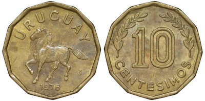Уругвай 10 сентесимо 1976 KM 66 алюминиевая бронза 4164-725