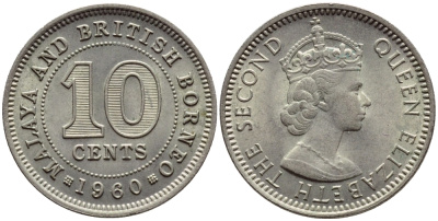 Малайя и Британское Борнео 10 центов 1960 Елизавета II (1952-2022) KM 2 медно-никель UNC 4392-1141