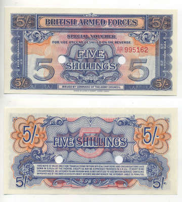 АНГЛИЯ 5 ШИЛЛИНГОВ 1961 ВАУЧЕР ДЛЯ ВООРУЖЕННЫХ СИЛ, СЕРИЯ 2, ПОГАШЕН Pick M20d бумага aUNC 6287-32-1-1