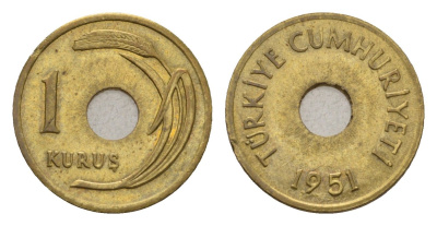 Турция 1 куруш 1951 KM 881 латунь 45-1114