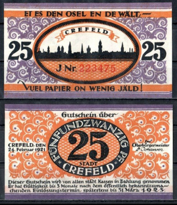 Крефельд (Пруссия, Рейн) 25 пфеннигов 1921 Mehl Grabowski 246.1a-1/2 бумага UNC (пресс) 7555-57-3-1
