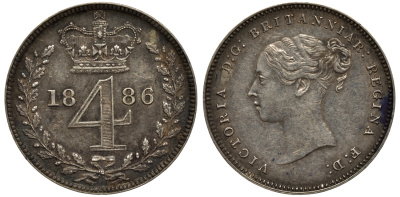 Великобритания 4 пенса 1886 Виктория (1837-1901) KM 732, Spink 3917 серебро aUNC 1524-214