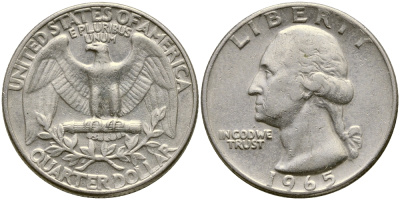 США 25 центов (квотер) 1965 Вашингтон KM 164а медь плакированная медно-никелем 4388-423