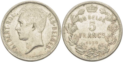 БЕЛЬГИЯ 5 ФРАНКОВ 1930 АЛЬБЕРТ I, DES BELGES KM 97.1 никель 3851-116