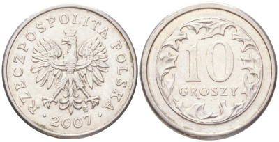 Польша 10 грошей 2007 Y 279 медно-никель UNC 4614-321