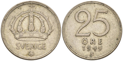 Швеция 25 эре 1949 Густав V (1907-1950) KM 816 серебро 4585-436