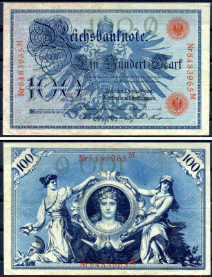 Германия 100 марок 1908 7 февраля 1908, номер 29 мм, серия Q, буква M, выпуск конец 1916 - ноябрь 1918, красная печать Pick 33 бумага 8619-26-1-1