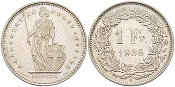 ШВЕЙЦАРИЯ 1 ФРАНК 1986 В KM 24а.3 медно-никель 4544-443