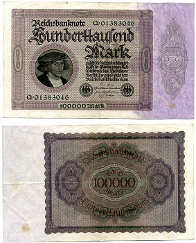 Германия 100000 марок 1923 1 февраля 1923, выпуск (март 1923-5 июля 1925), номер восьмизначный, серия Q 01383046 Pick 83, Роземберг 82а бумага 8595-22-2-2