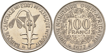 Валютное сообщество стран Западной Африки 100 франков 1977  KM 4 никель  UNC  4595-754