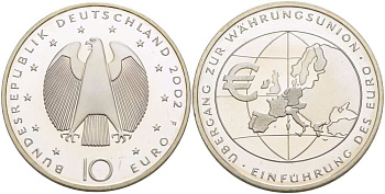 ФРГ 10 евро 2002 F, введение европейской валюты KM 215, DE.S. 10.1 серебро PROOF 1085-5-32