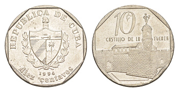 Куба 10 сентаво 1994 форт в Гаване Ла-Фуэрса KM 576.1 сталь плакированная никелем 4644-733