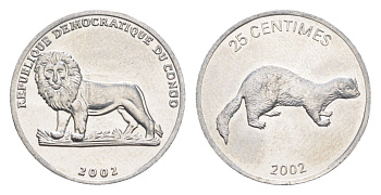 ДР Конго 25 сантимов 2002 Животные - Ласка KM 76 алюминий 4651-615