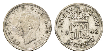 Великобритания 6 пенсов 1942 Георг VI (1936-1952) KM 852, Spink 4084 серебро 4644-1235