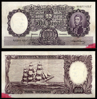 Аргентина 1000 песо ND (1966-1969) Pick 279 (2) бумага 7548-84-1-1