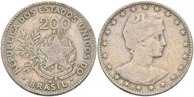 Бразилия 200 рейс 1901 голова свободы вправо KM 504 медно-никель 4589-1121