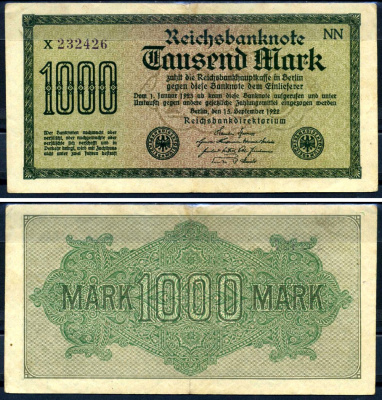 Германия 1000 марок 1922 выпуск 15 сентября 1922, водяной знак D, белая бумага, серия NN, буква X Pick 76 d (1) бумага 8617-50-2-1