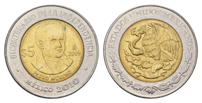 Мексика 5 песо 2009 Двухсотлетие независимости - Педро Морено KM 910 биметалл UNC 216-1236