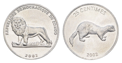 ДР Конго 25 сантимов 2002 Животные - Ласка KM 76 алюминий 4651-615