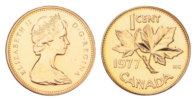Канада 1 цент 1977 Елизавета II (1952-2022), кленовый лист KM 59.1 бронза PROOF-LIKE (BU) 4708-732