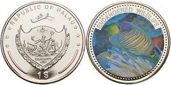 Палау 1 доллар 2008 серия вымирающие виды, рыба королевский ангел, цветная эмаль KM 166 медно-никель PROOF M1-08