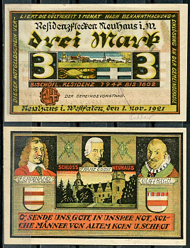 Германия, Нойхаус 3 марки 1921 нотгельд, 1.11.1921 Li.918a-2, M.945.1  бумага  UNC (пресс) 444-83-3-2