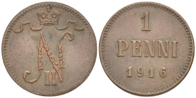 РОССИЯ ДЛЯ ФИНЛЯНДИИ 1 ПЕННИ 1916 НИКОЛАЙ II (1895-1917) KM 13, Биткин 476 медь 211-1031