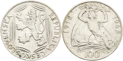 Чехословакия 100 крон 1948 30 лет независимости KM 27 серебро 4683-611