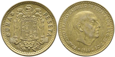 Испания 1 песета 1966 (75) Франциско Франко (1939-1975) КМ 796 алюминиевая бронза 110-1211