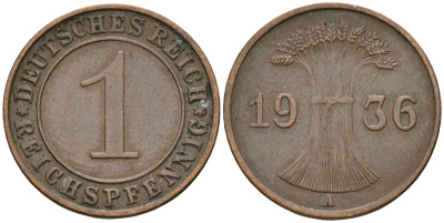 Германия 1 рейхспфенниг 1936 A KM 37, J. 313 бронза 4549-319