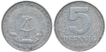 ГДР 5 ПФЕННИГОВ 1975 A KM 9.1 алюминий 62-314
