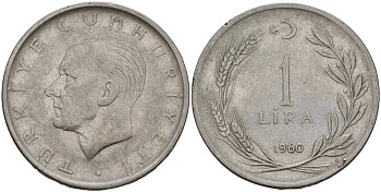 Турция 1 лира 1960 Мустафа Кемаль Ататюрк KM 889a.1 нержавеющая сталь 4149-1236
