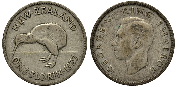 Новая Зеландия 1 флорин 1937 Георг VI (1936-1952), птичка киви, первый год KM 10.1 серебро 272-1433