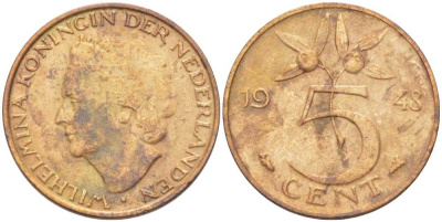 НИДЕРЛАНДЫ 5 ЦЕНТОВ 1948 ВИЛЬГЕЛЬМИНА (1890-1948) KM 176 бронза 212-1022