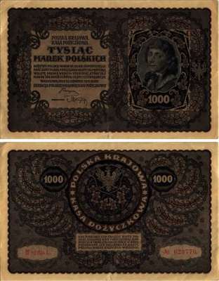 ПОЛЬША 1000 МАРОК 1919 23 АВГУСТА 1919, ТРЕТИЙ ВЫПУСК, ПОРТРЕТ КОСТЮШКО Pick 29 бумага XF 8607-38-1