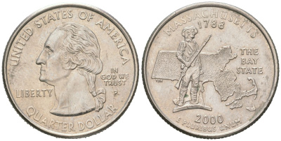 США 25 центов = квотер = 1/4 доллара 2000 P, квотер штата Массачусетс KM 305 медь плакированная медно-никелем UNC 183-214