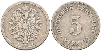 ГЕРМАНИЯ 5 ПФЕННИГОВ 1875 А, СТАРОГЕРБОВКА KM 3, J.3 медно-никель 4588-337